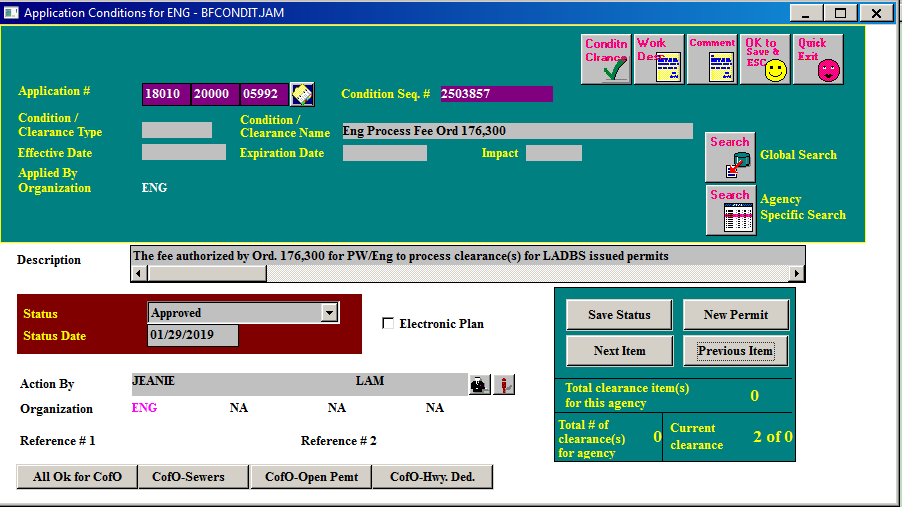 PCIS Screen Shot of Clearance - Engineering Fee Ordinance
