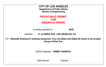 Revocable Permit for sidewalk dining