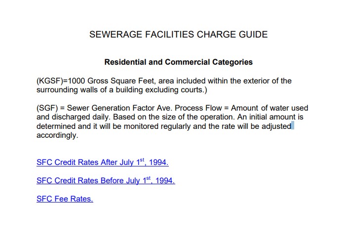 Screen shot of a Sewerage Facility Charge Guide