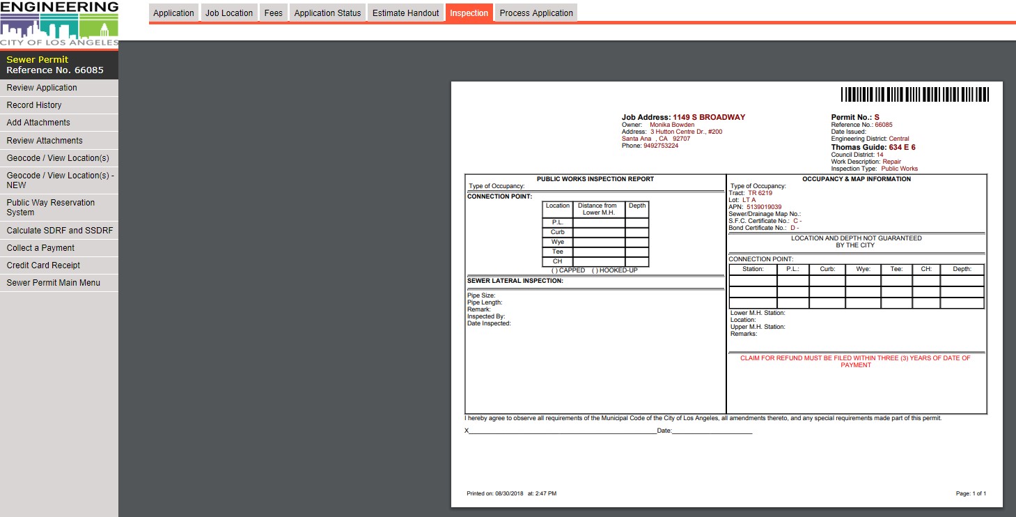 Screen shot of a online copy of Sewer Permit after BCA inspection 