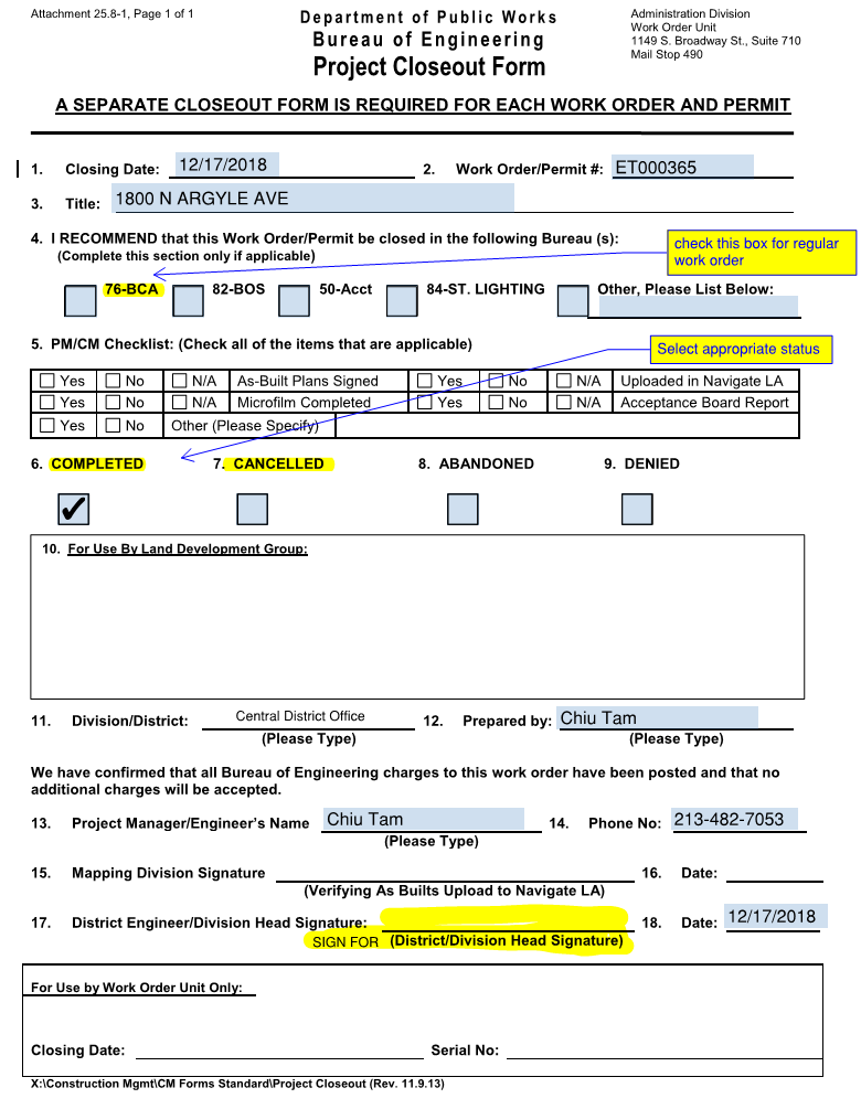 Sample Department of Public Works BOE Project Closeout Form
