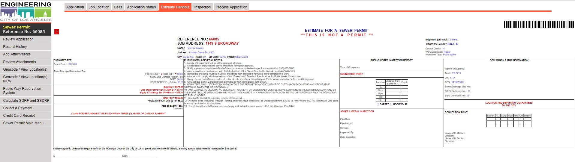 Screen shot of a online copy of a Estimate for a Sewer Permit 