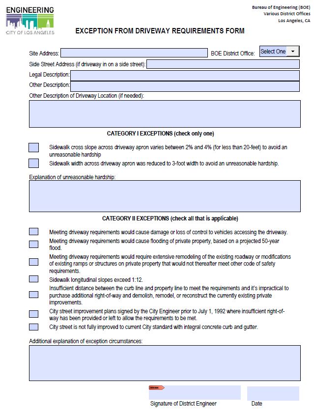 Screenshot of ​Exception from Driveway Requirements Form