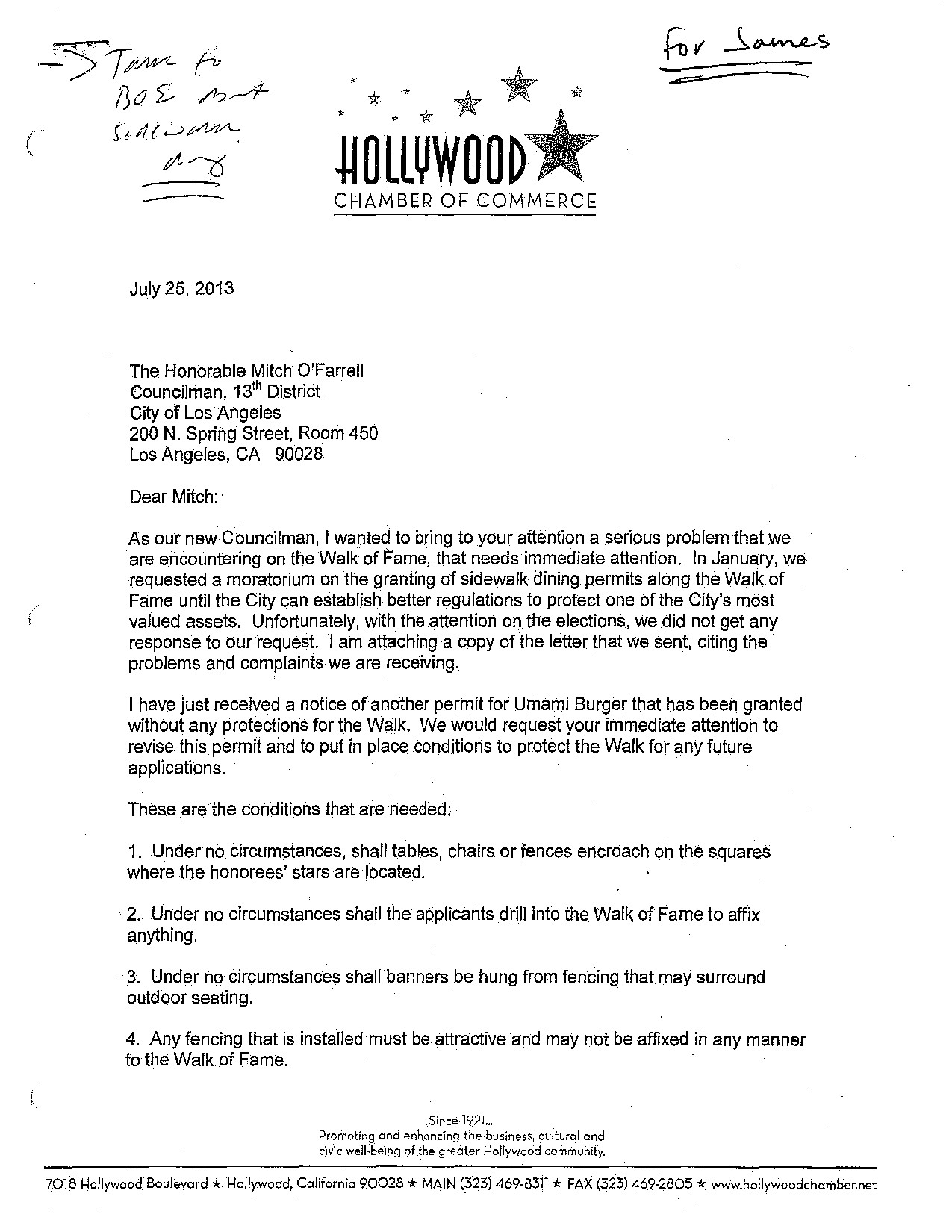 Screen shot of a Hollywood Chamber of Commerce Notification Letter