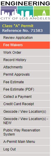Screen shot of online application left menu with fee wavers highlighted