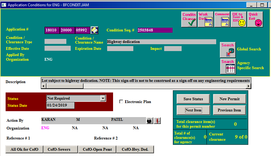 PCIS Screen Shot of Clearance - Highway Dedication