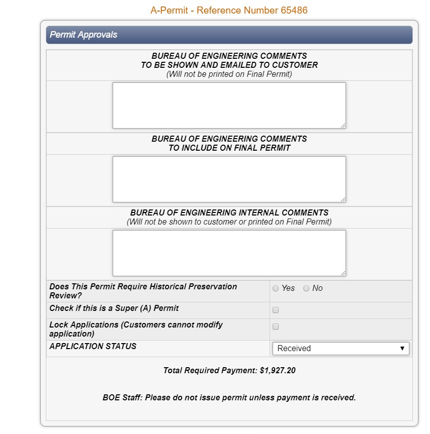Screen shot of online permit approval fill out page