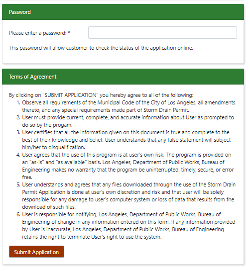 Storm Drain Application Password and Terms of Agreement Screen