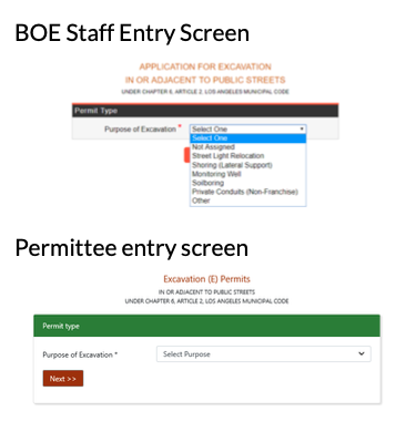 BOE Staff Entry Screen & Permittee Entry Screen