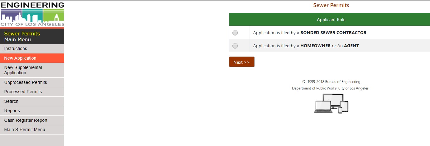 Screen shot of online Sewer Permit Applicant role page