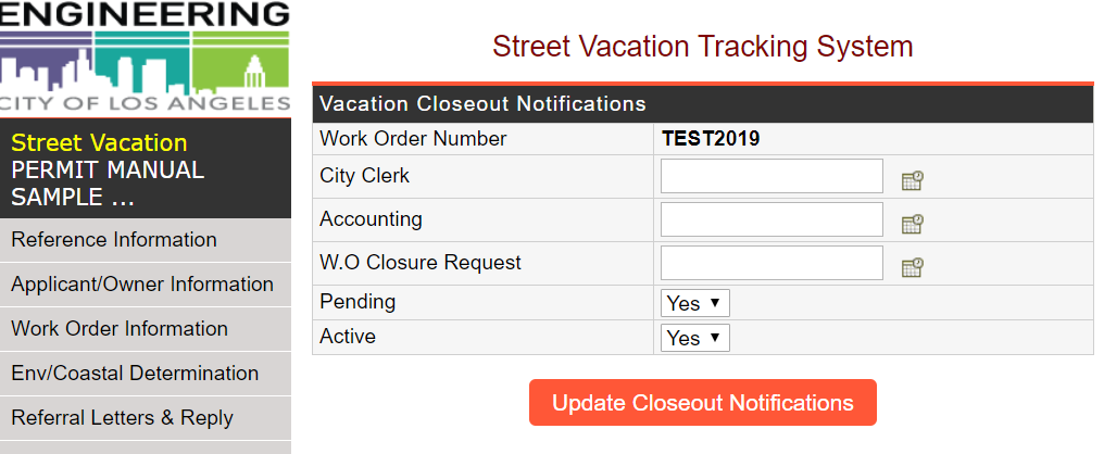 Street Vacation Tracking System Closeout Notifications Screenshot