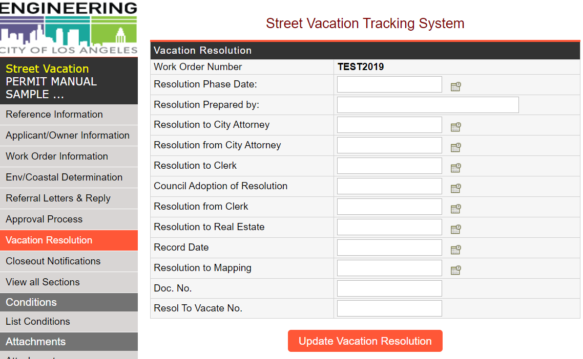 Street Vacation Tracking System Vacation Resolution Screenshot