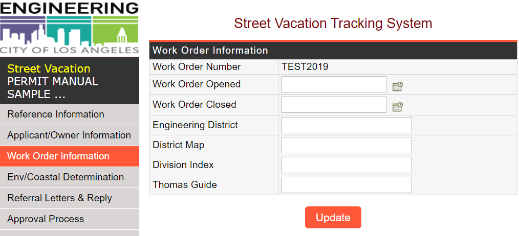 Street Vacation Tracking System Work Order Screenshot