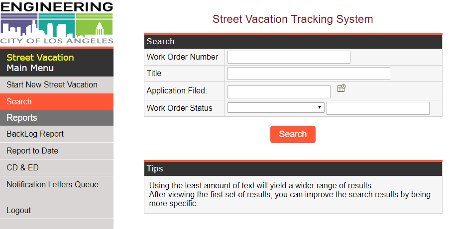 Street Vacation Tracking System Screenshot