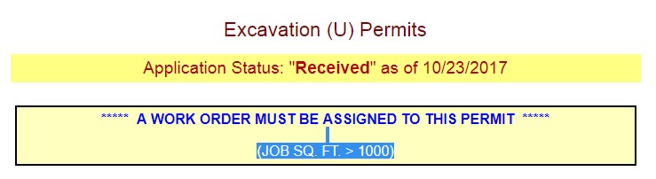Screen shot of online Excavation (U) Permits application status