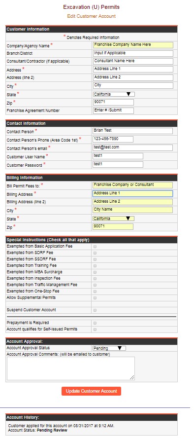 Screen shot of online customer information review screen